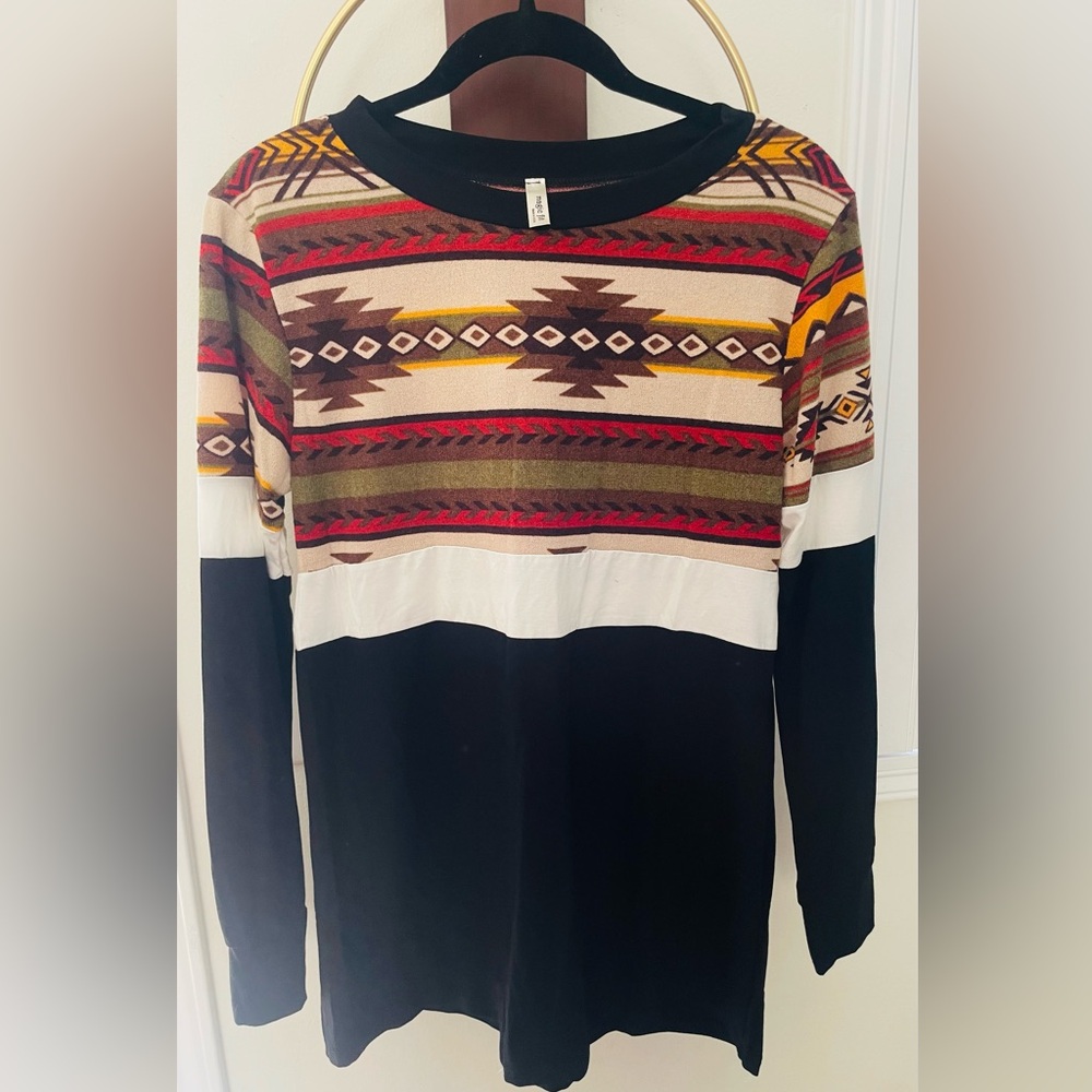 Magic Fit Southwestern Stripe Top in Black, Red, Brown & Cream